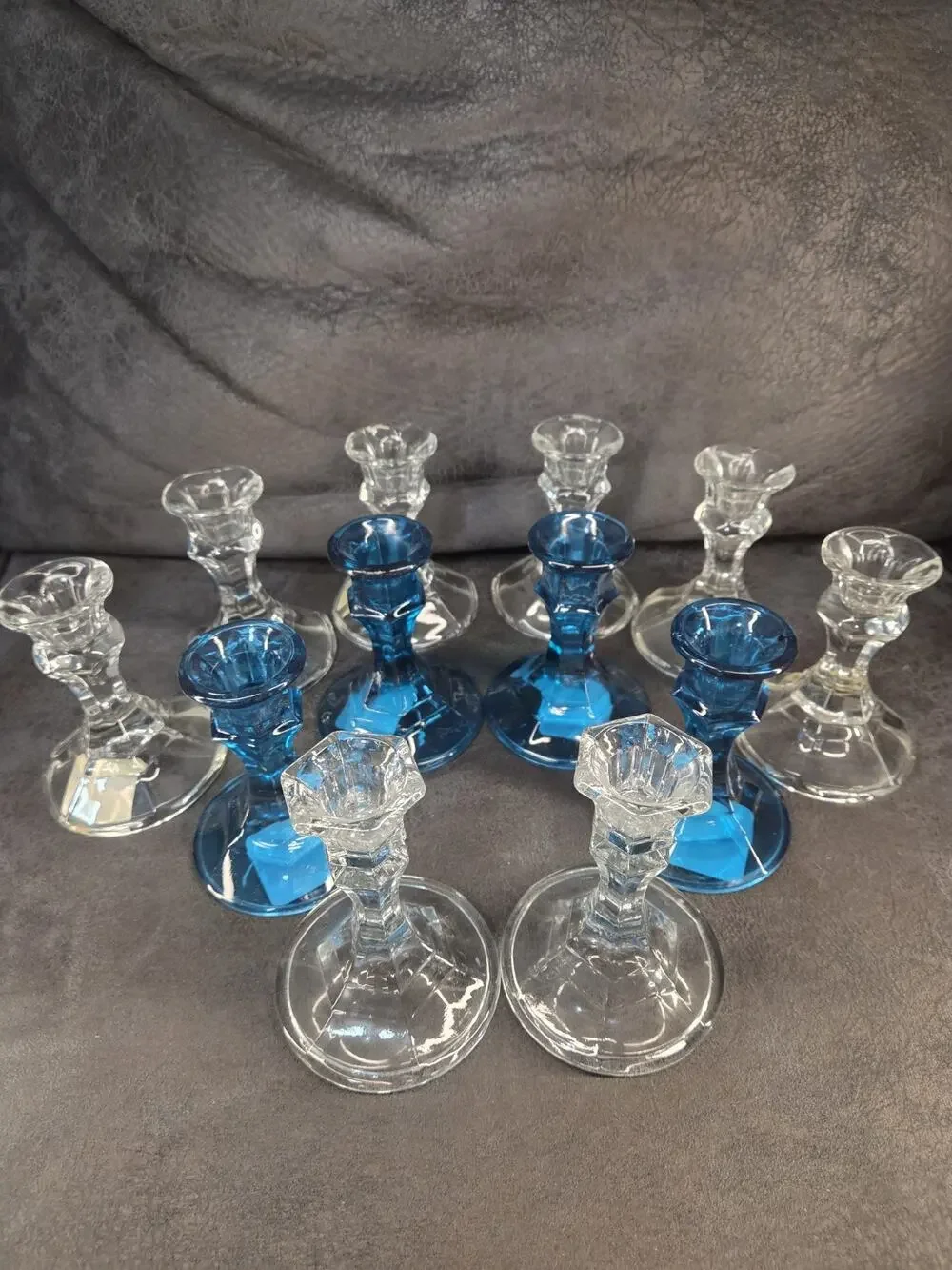 Libbey Crisa Glass Candlestick Holders Lot of 12 Aquamarine Blue Clear Taper